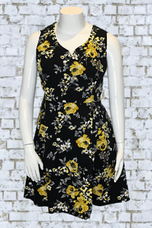 Ixia Floral Sleeveless Dress Black Yellow V-Neck Pockets Size 4X