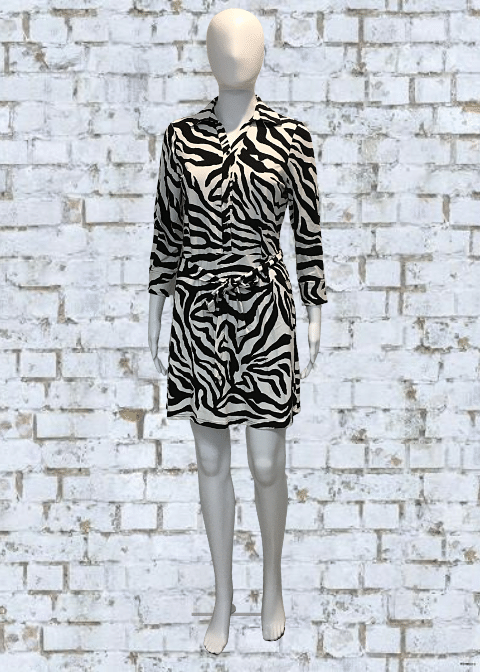Larry Levine Black & White Zebra Print Belted Shirt Dress – Size Small