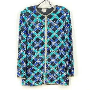 Stenay Vintage Black Blue Sequin Jacket Size Small