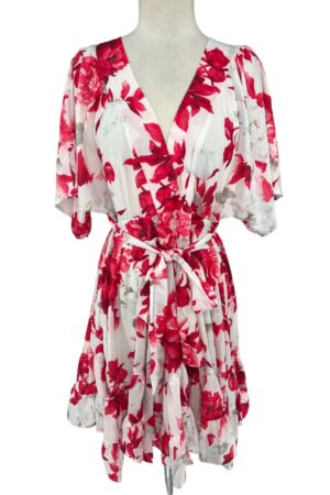 Chic Me Floral Ruffle Midi Dress White Pink Red Asymmetrical Belted Size XL