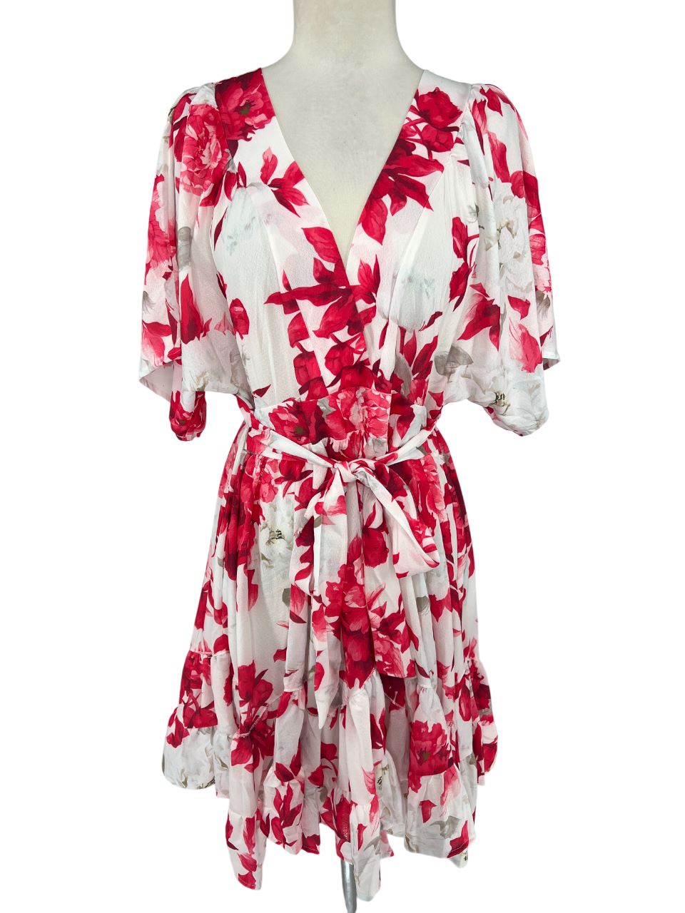 Chic Me Floral Ruffle Midi Dress White Pink Red Asymmetrical Belted Size XL