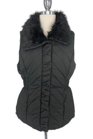 Dressbarn Quilted Vest Jacket Black Faux Fur Collar Size Large