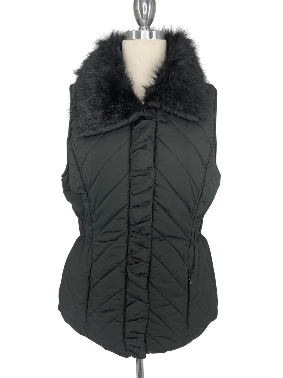 Dressbarn Quilted Vest Jacket Black Faux Fur Collar Size Large