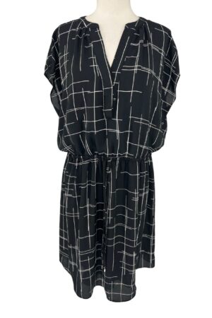 Apt. 9 Black Midi Dress White Line Print V-Neck Drawstring Waist Size XL