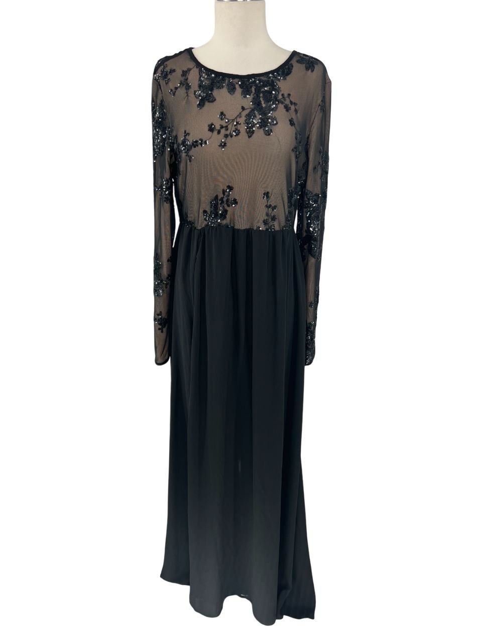 Shein Black Sheer Sequin Floral Maxi Dress Long Sleeve Size XL