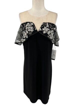 Prelude NWT Off Shoulder Embellished Midi Dress Black Silver Illusion Mesh Size XL