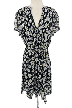 MSK Floral Midi Dress Black White Yellow Button Front Belted Size 16