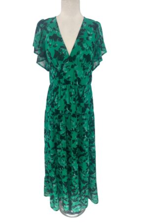 Chelsea 28 Green & Black Abstract Floral Flutter Sleeve Maxi Dress – Size Small