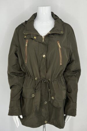Michael Kors Women’s Anorak Utility Jacket with Hideaway Hood – Olive Green – Size XL