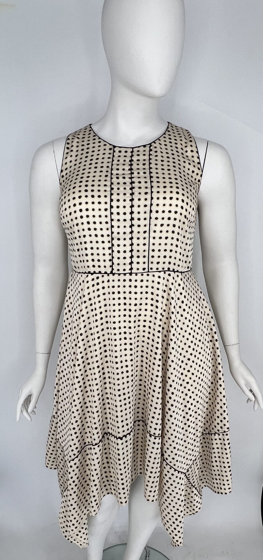 Donna Karan Sleeveless Polka Dot Asymmetrical Dress – Ivory/Black – Size L
