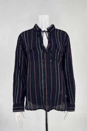 Rails Striped Tie-Neck Blouse – Navy & Mauve – Size L